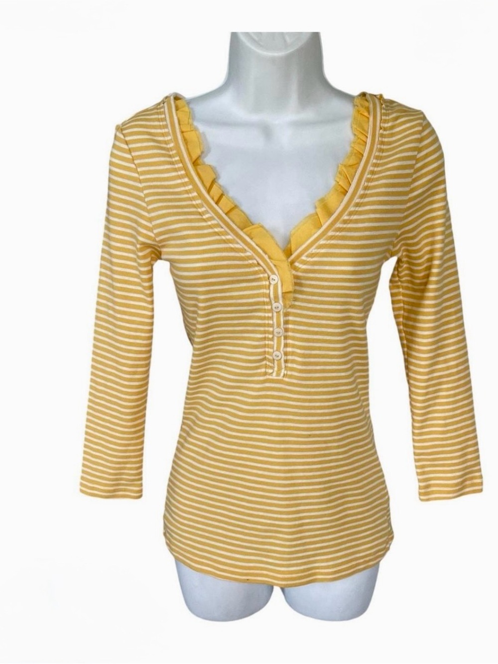 OLD NAVY Long Sleeve Yellow / White Striped Tee Size Large 80% Cotton Casual